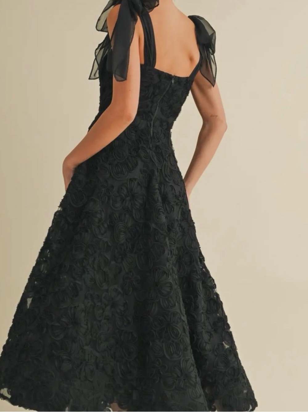 Black Floral  Appliqué Midi Dress with Sheer Tie Straps new with tag